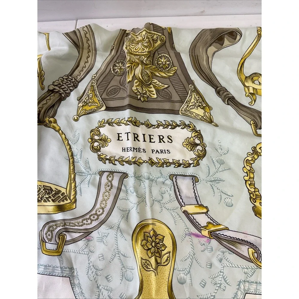 Hermes Scarf Carre 90 Etriers Silk Light Blue Gold Equestrian Design France Flaw